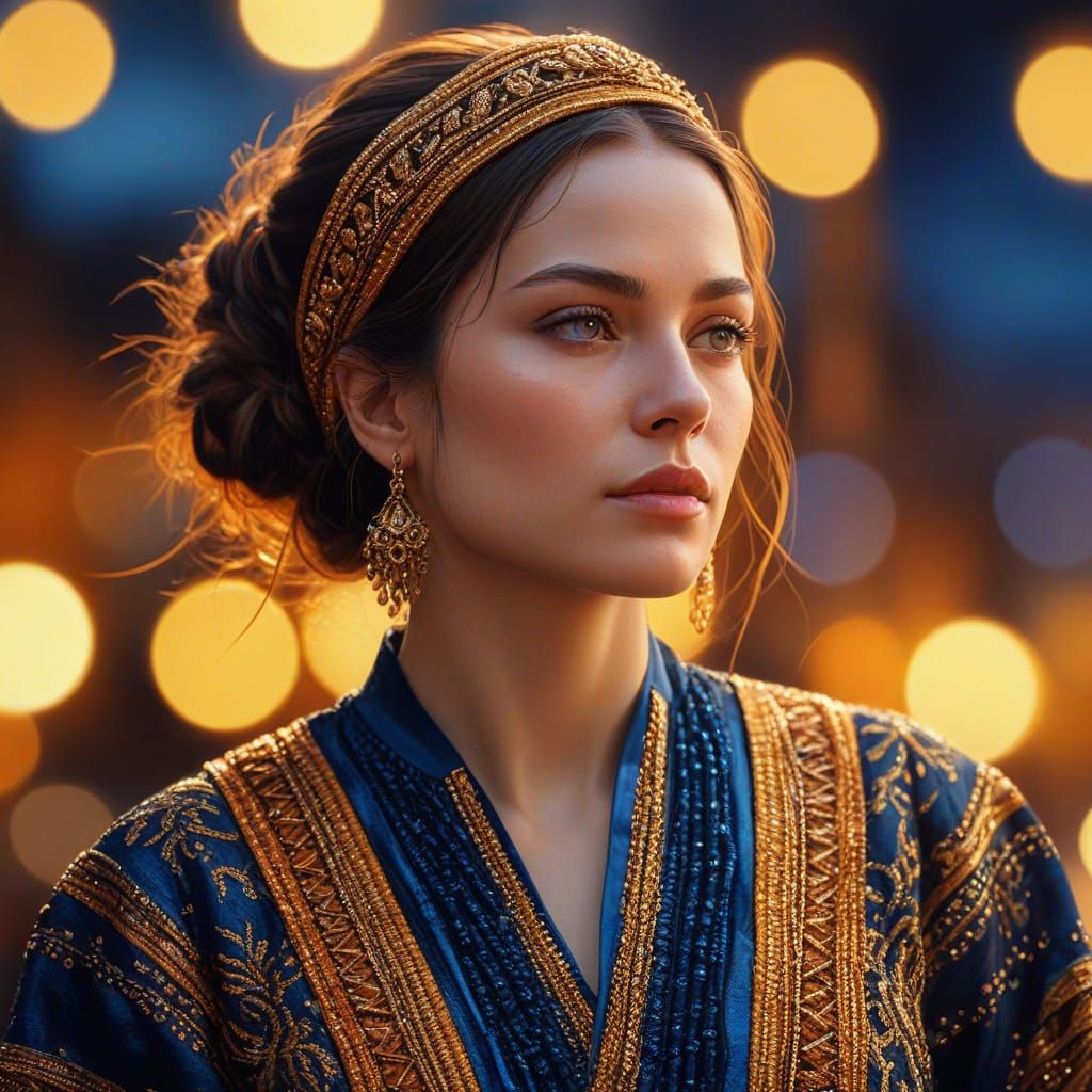 Hyper-Realistic Oil Painting of Woman in Gold Light