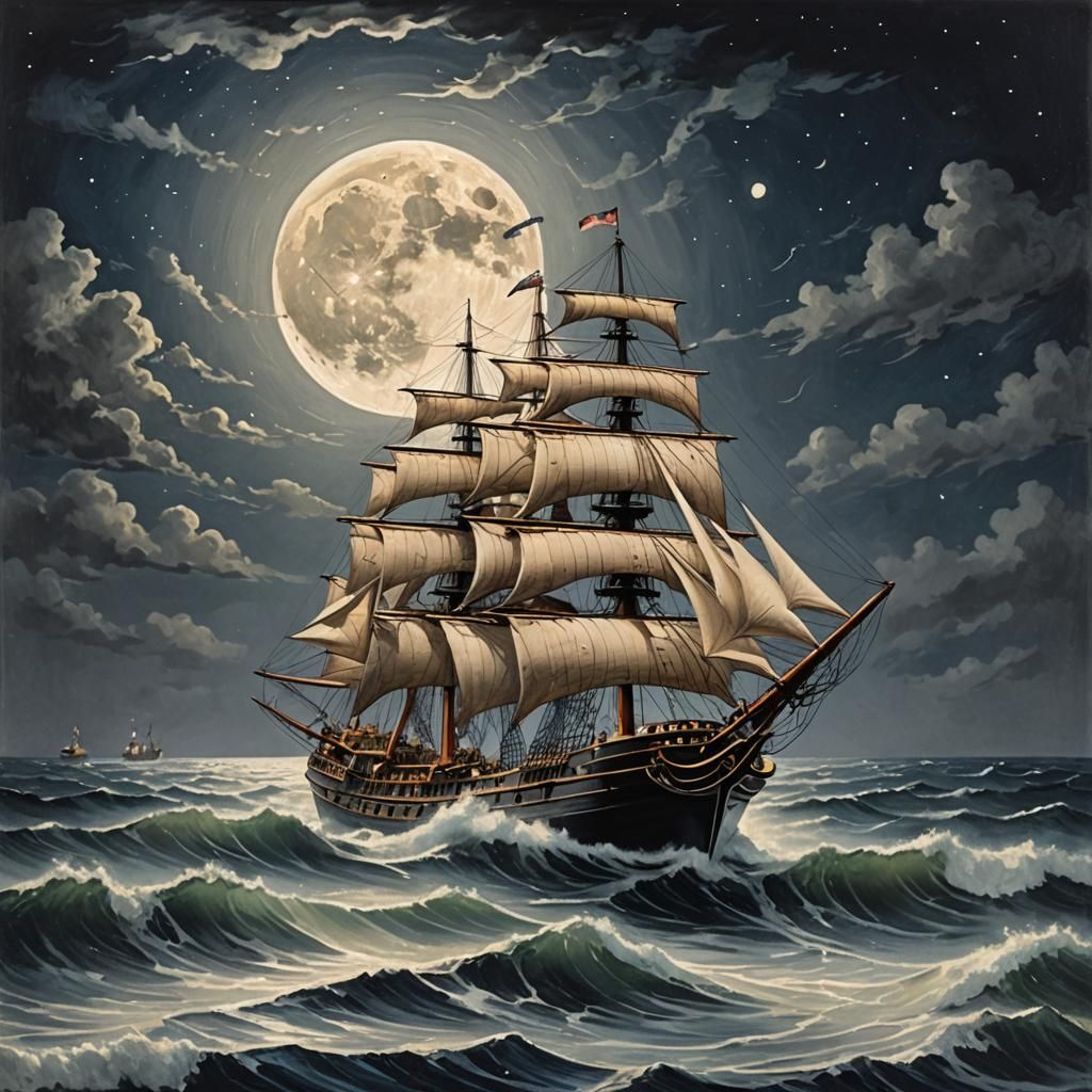 Moonlit Sailing Ship on a Wavy Sea