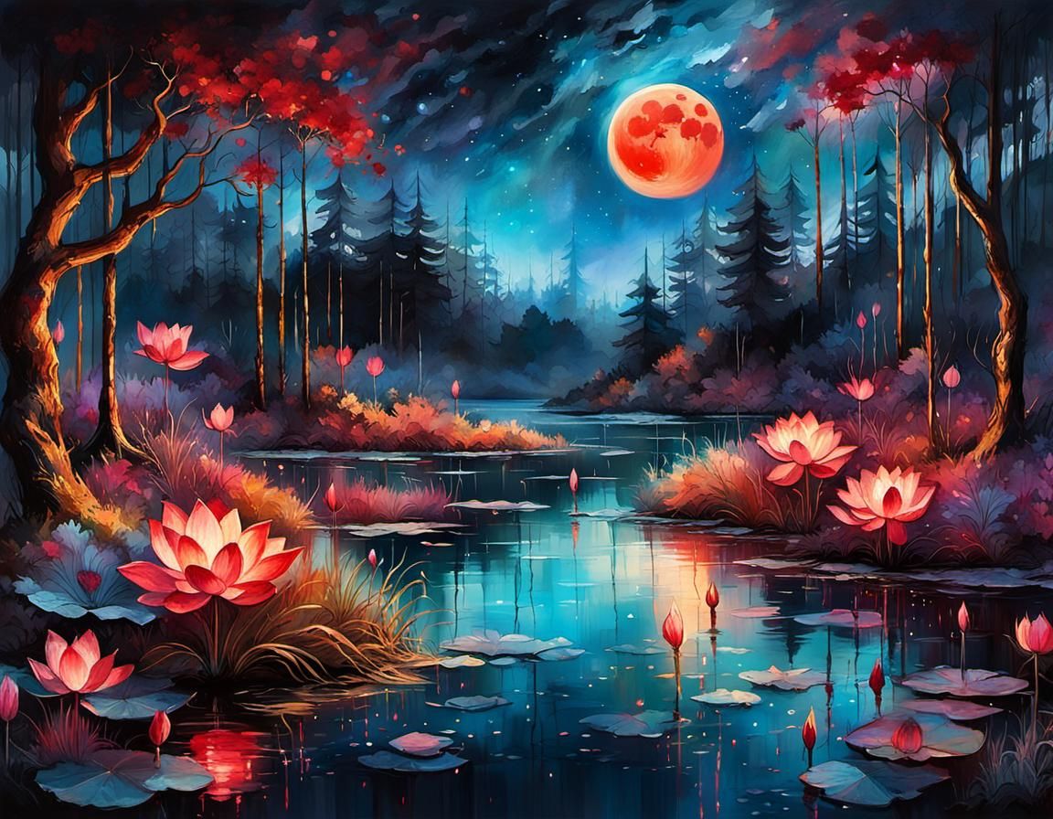 Blood Moon Over Mystic Lake at Sunset