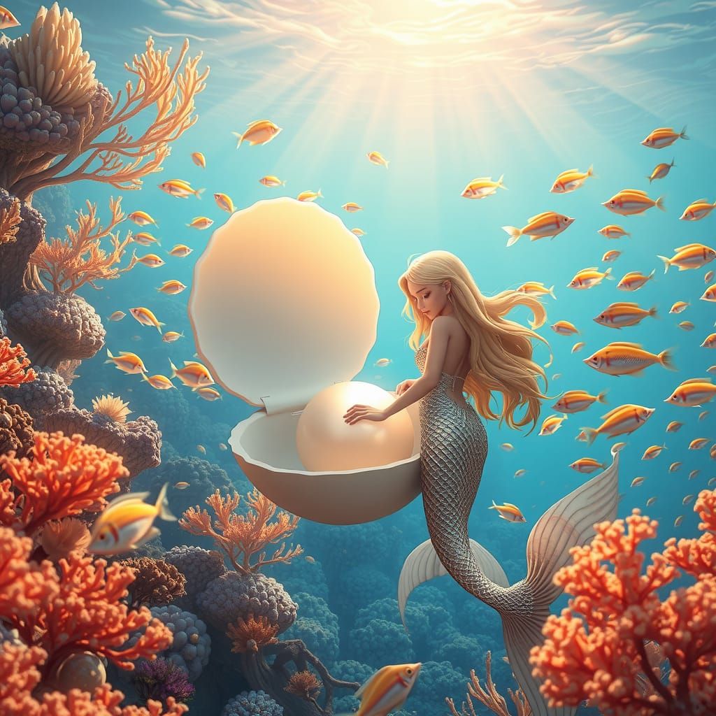 coral reef, mermaid finds a pearl in a clam By artist "anime...