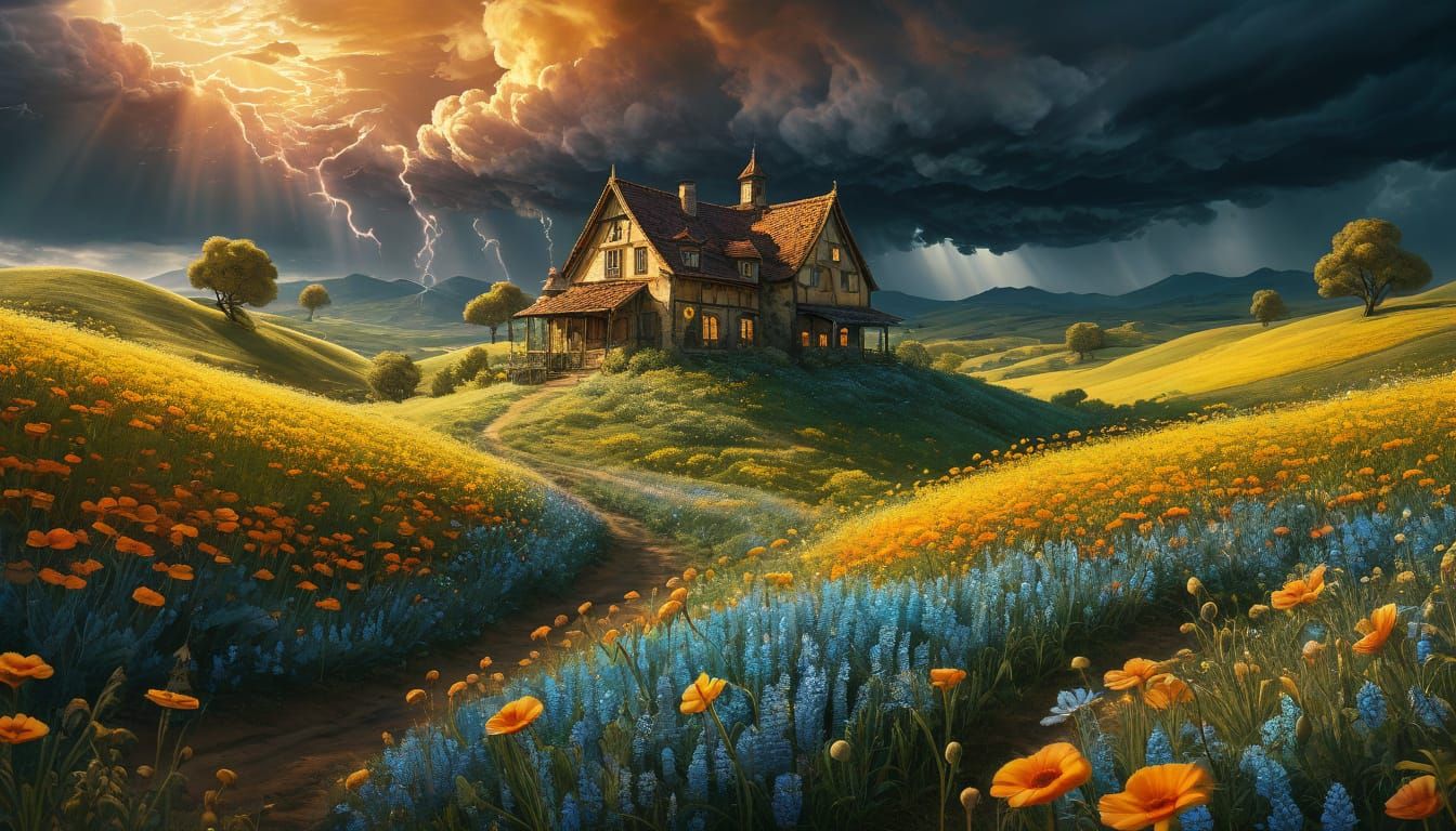 Whimsical Dreamscapes of Vibrant Blooms and Stormy Skies