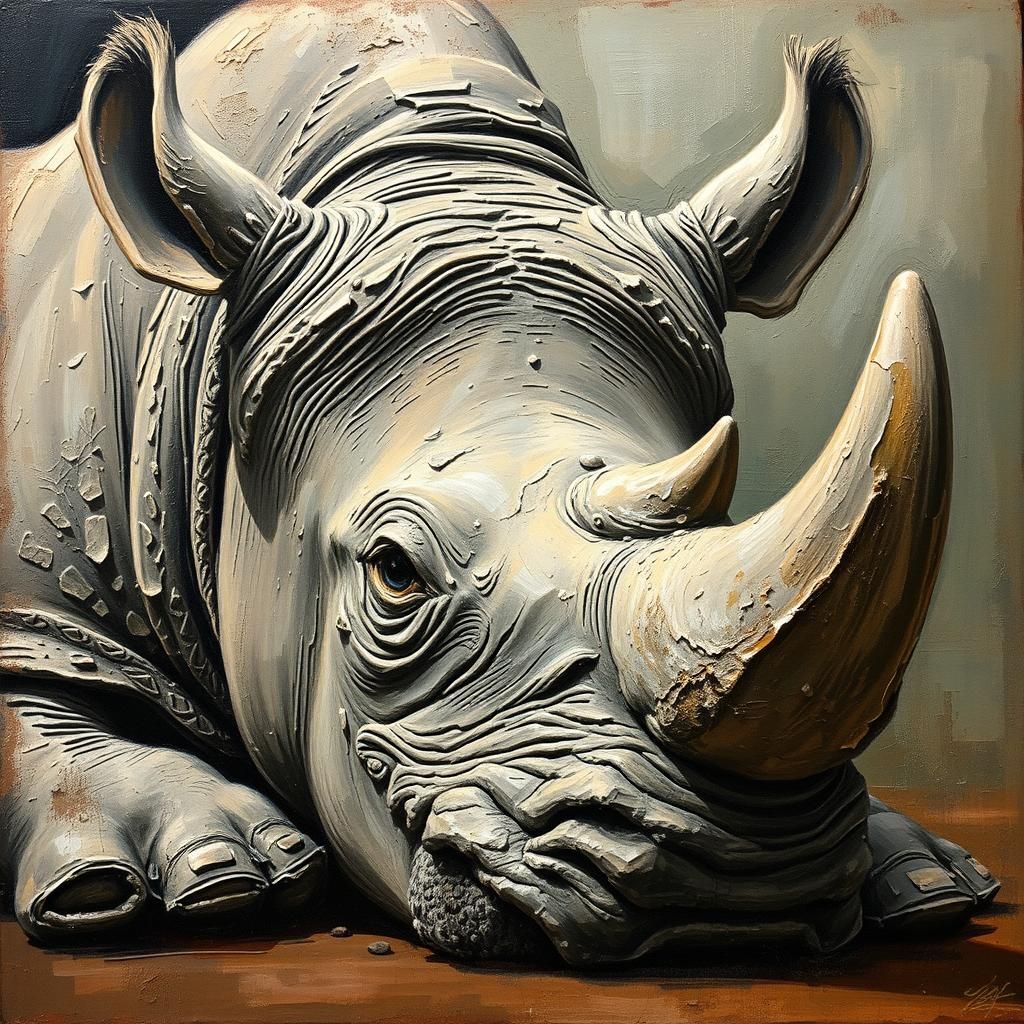 Majestic Rhino Resting: Impasto Style Painting