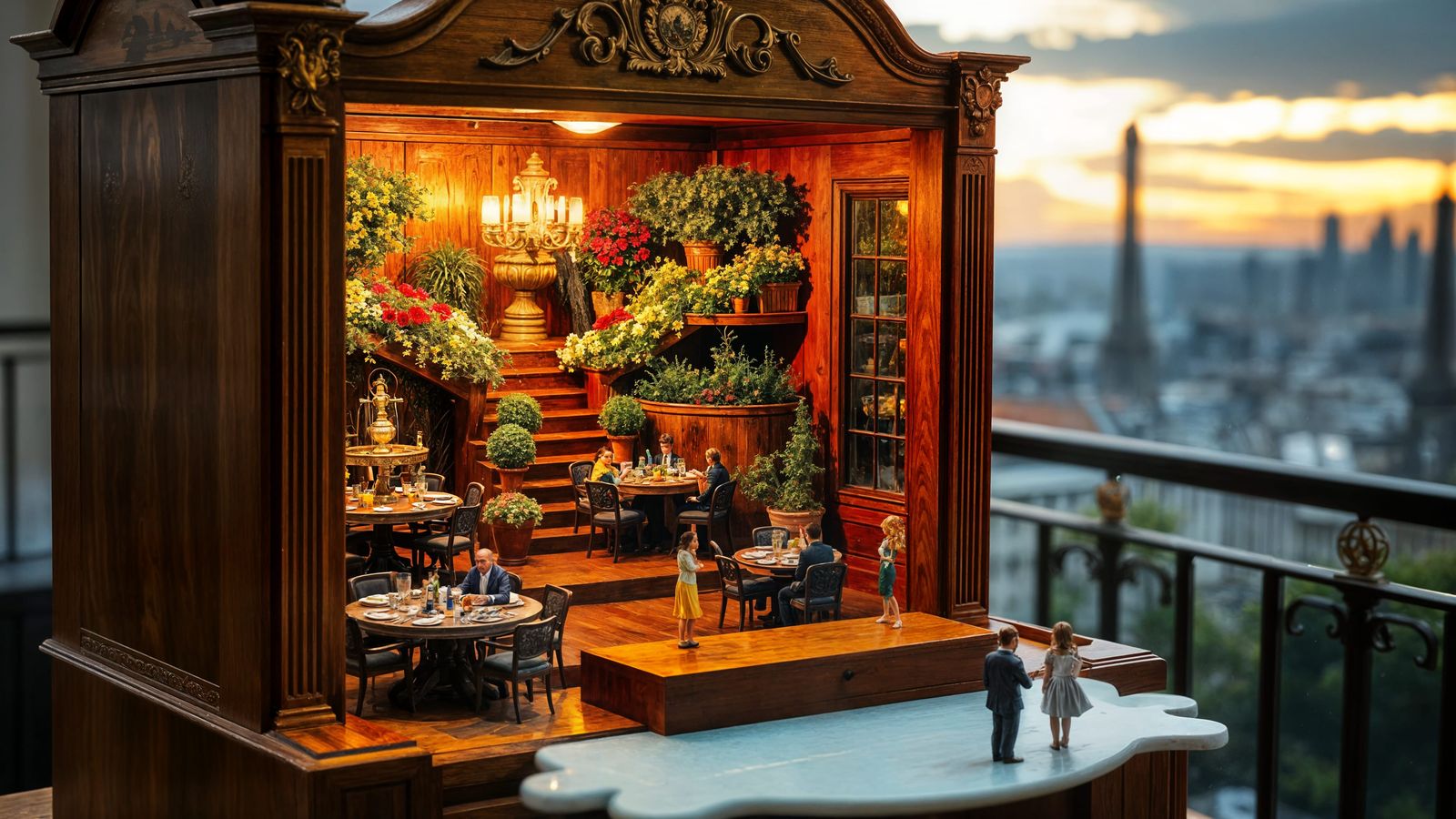 Miniature Cityscape Garden Party in a Music Box