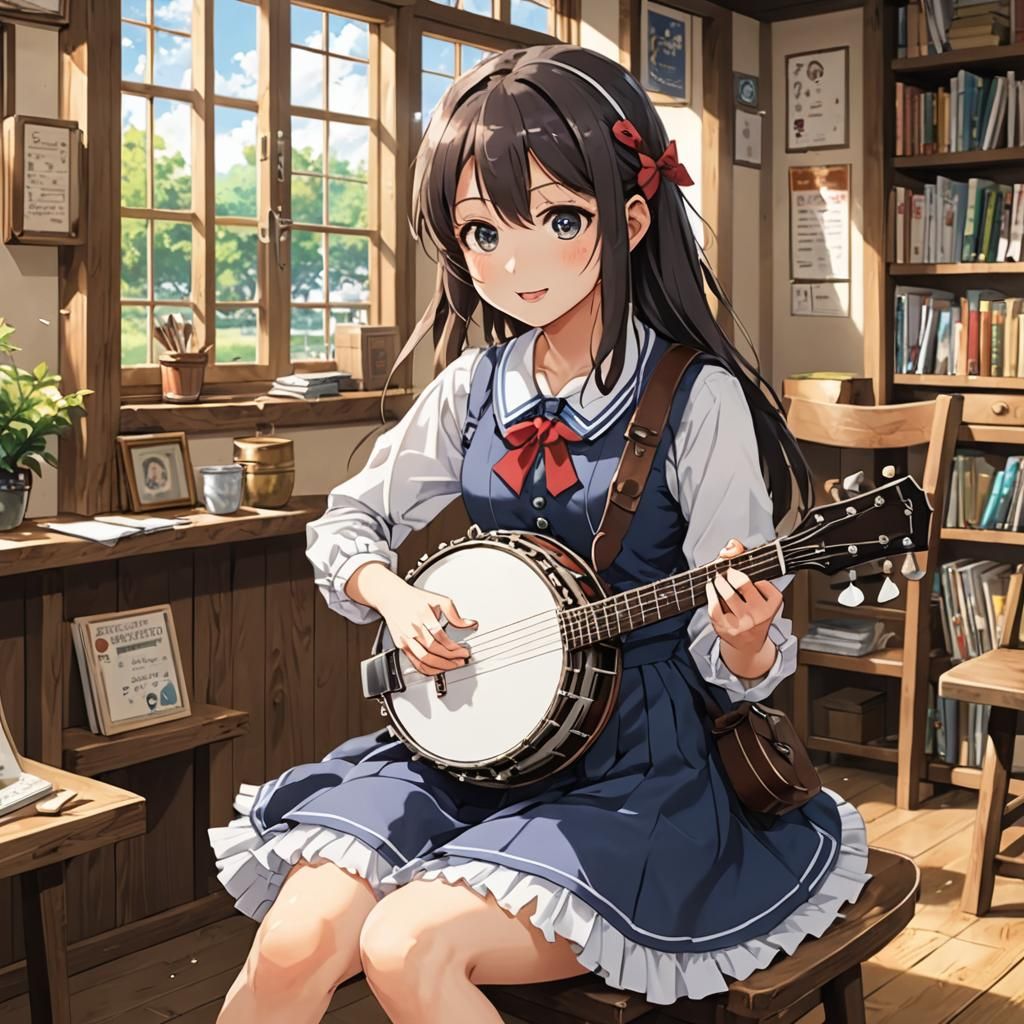 Anime Schoolgirl Plays Banjo in Key Visual Style