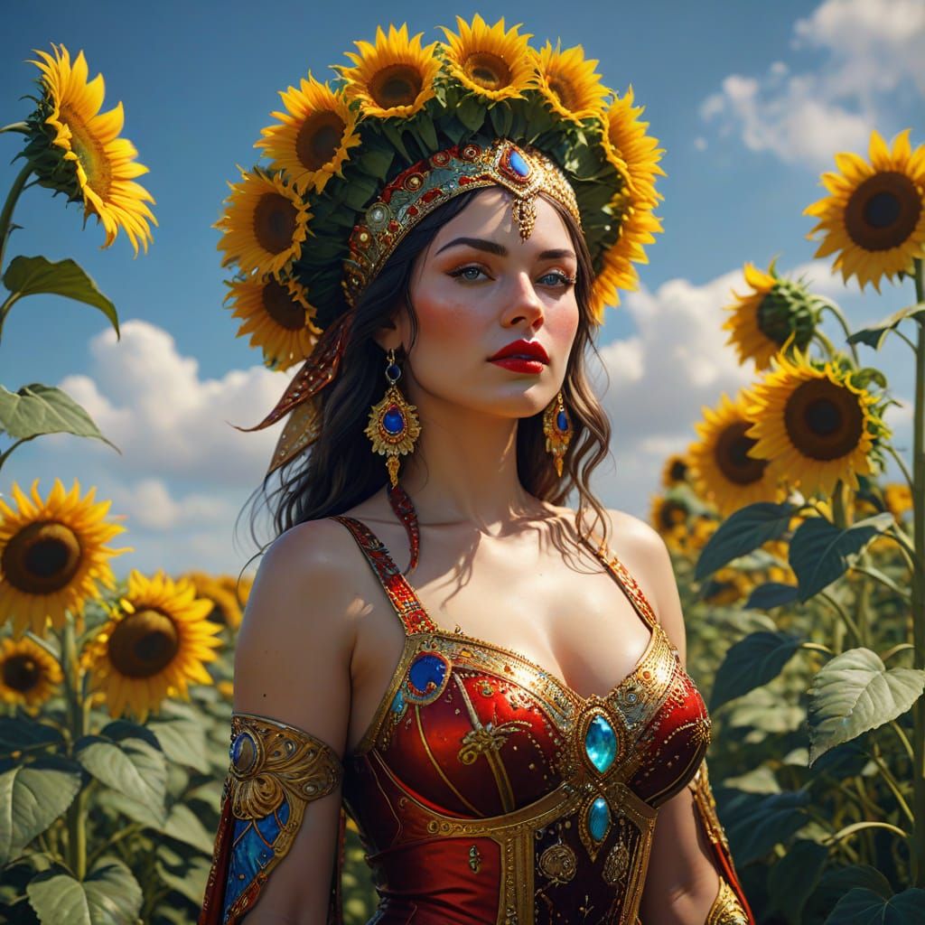 Sunflower Queen in Pin-Up Style with Golden Headdress