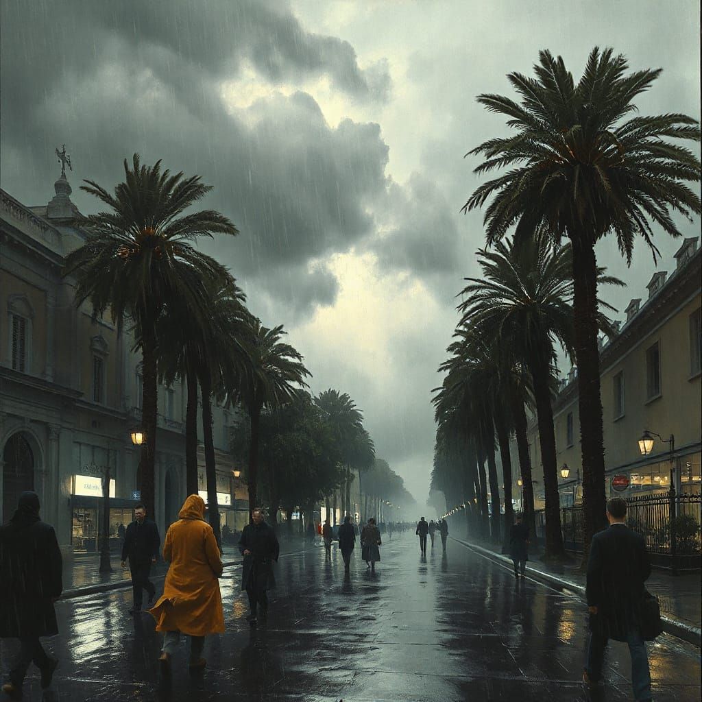 Stormy Street with Palm Trees Under Dark Clouds