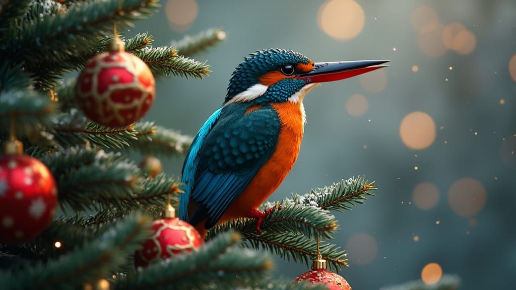Kingfisher in Christmas Tree: Detailed Matte Painting