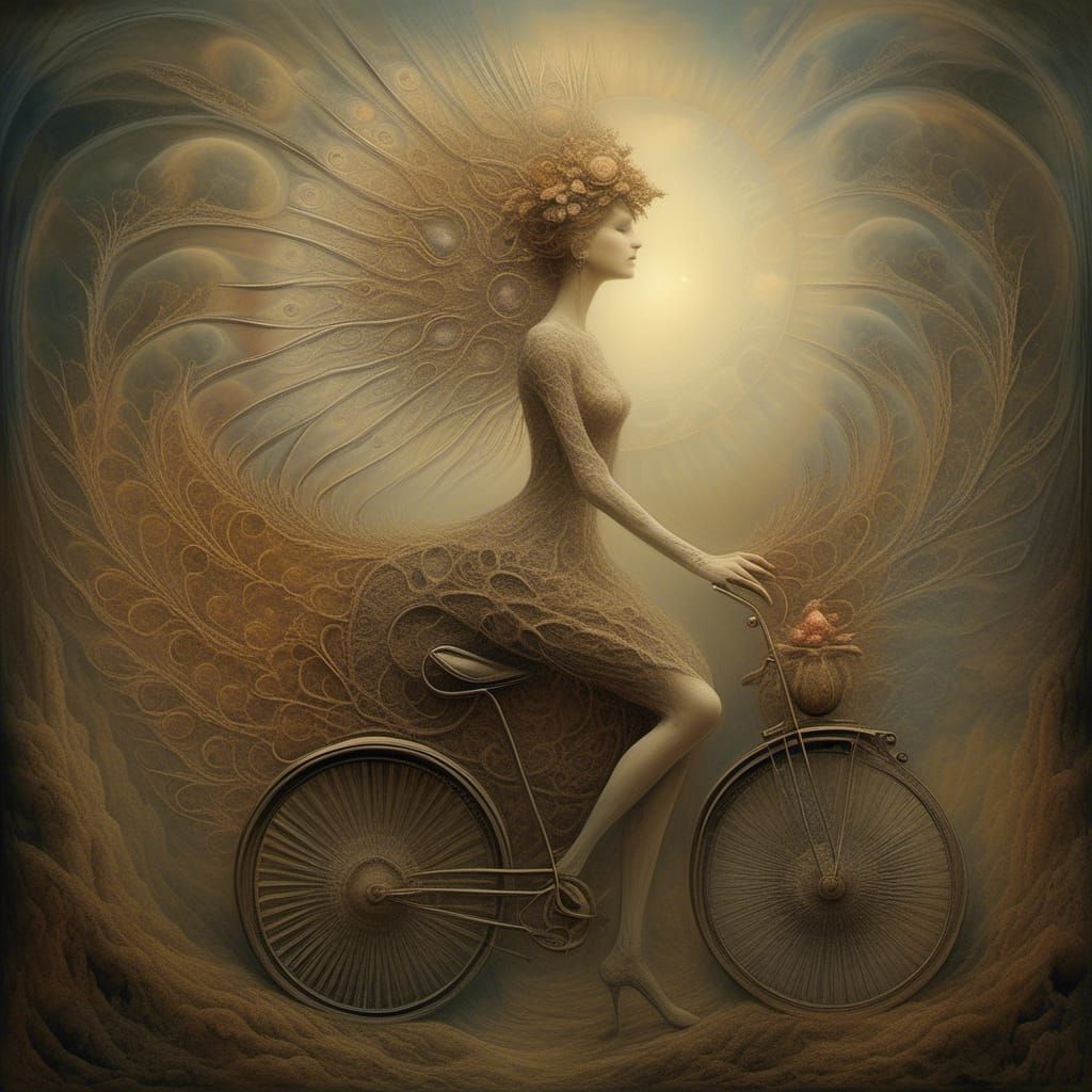 Nymph Rides Bicycle Through Fractal Seed Pods