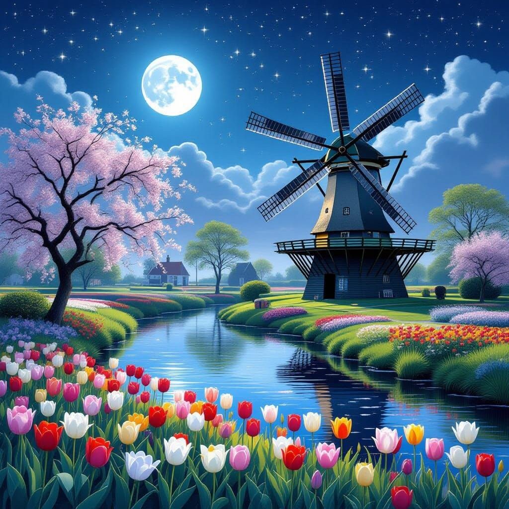 Dreamy Dutch Garden at Night with Roos Windmill