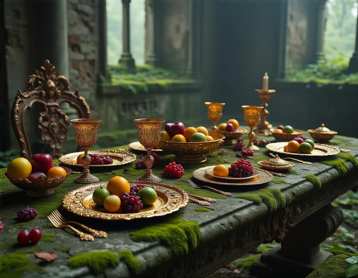 Regal Feast in Overgrown Ruin, Hyperrealistic