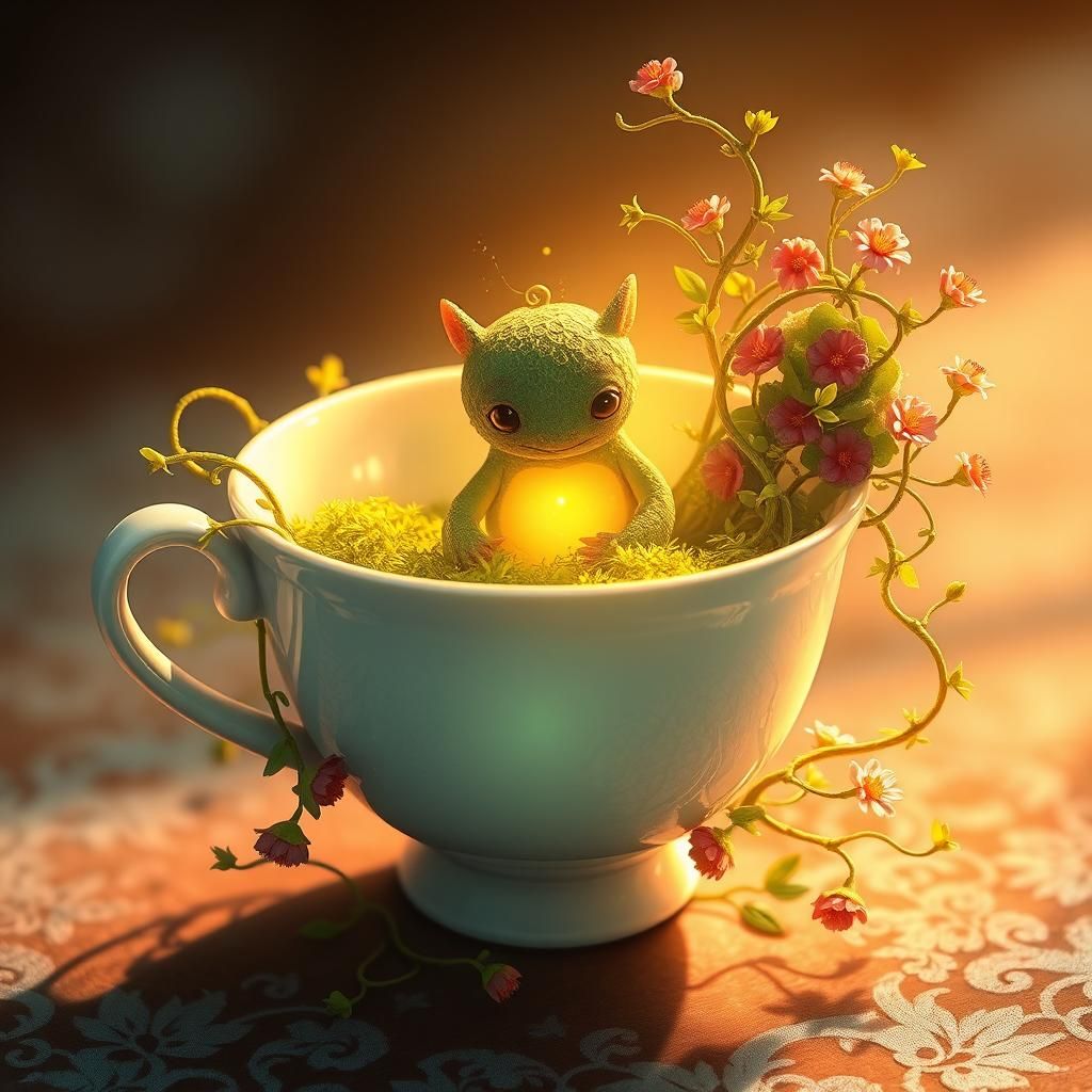 Life Force in Teacup, Ghibli-Inspired Dreamscape
