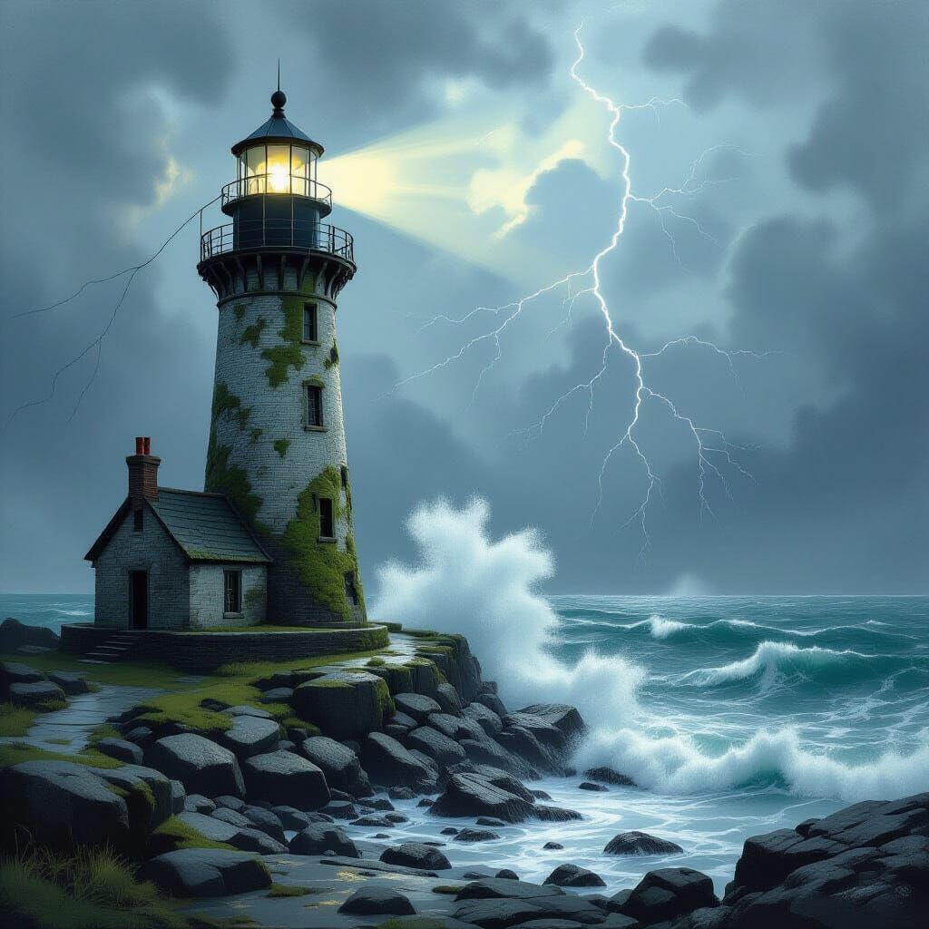 Lighthouse Stands Against Stormy Sea, Expressive Dark Fantas...