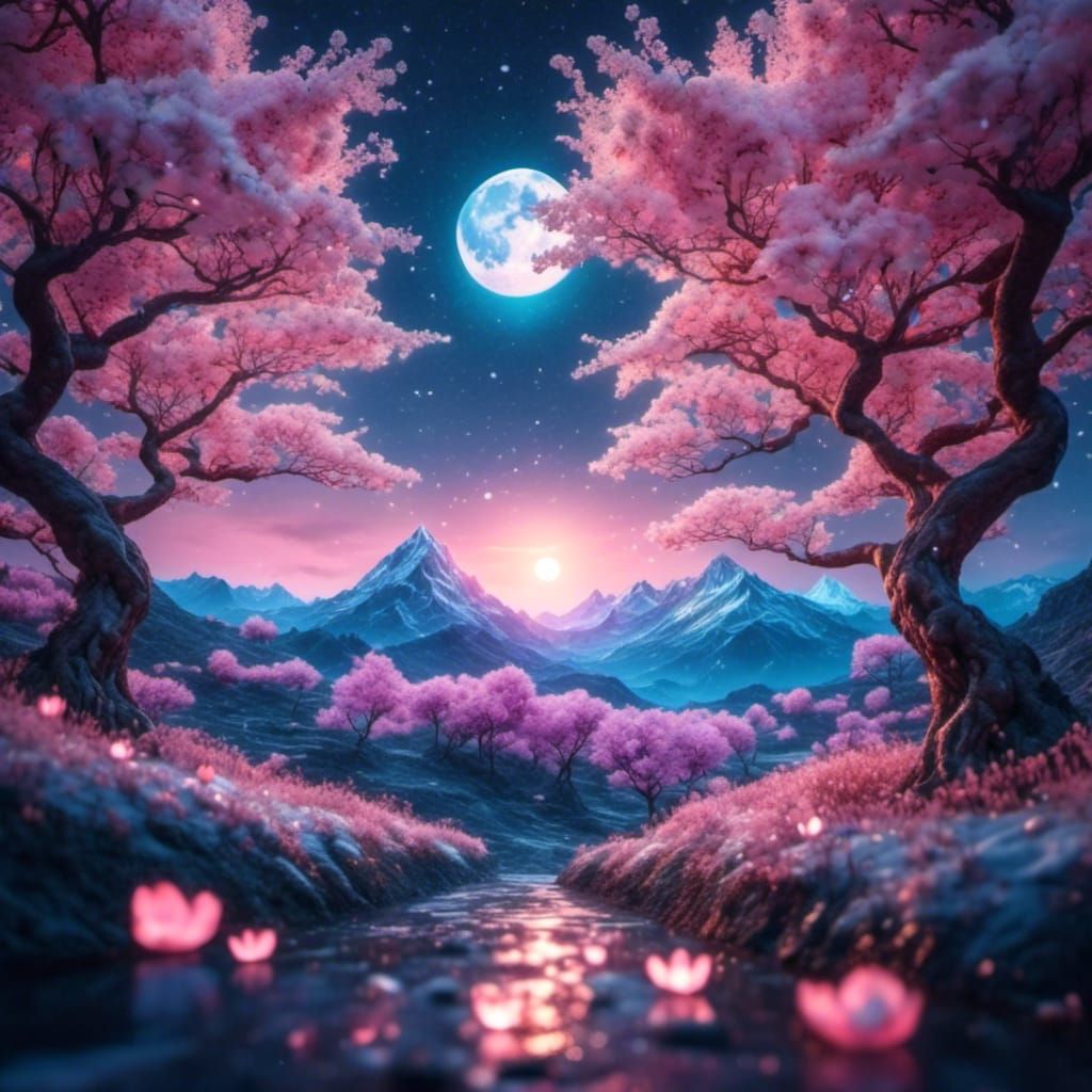 Cherry Blossoms Bloom Under Harvest Moon in Dreamy Watercolo...