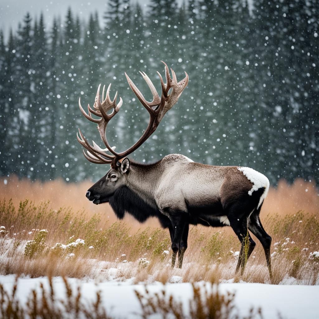 Caribou Grazing in Snowy Pleistocene Landscape