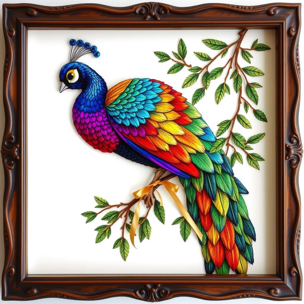 Rainbow Peacock in Vintage Quilted Mistletoe Frame