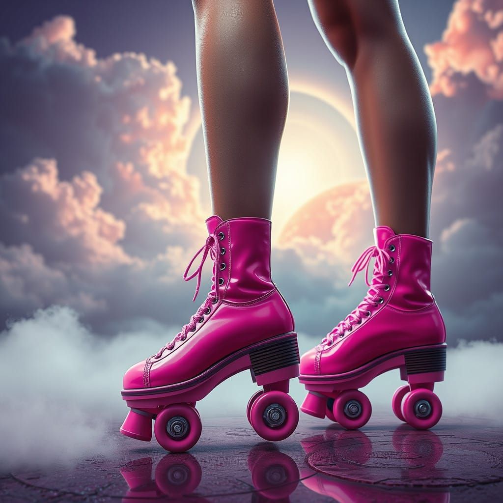 Vibrant Pink Roller Skates Against Dreamlike Background