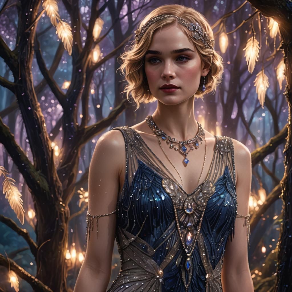 Flapper in Enchanted Forest: Fantasy Art Deco Portrait