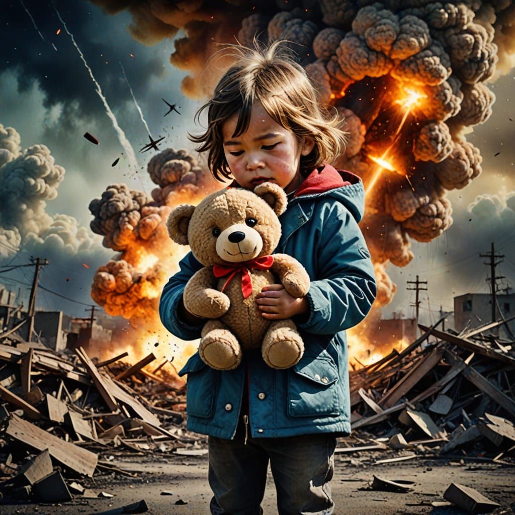 Child's Sorrow Amidst Atomic Blast Conceptual Art