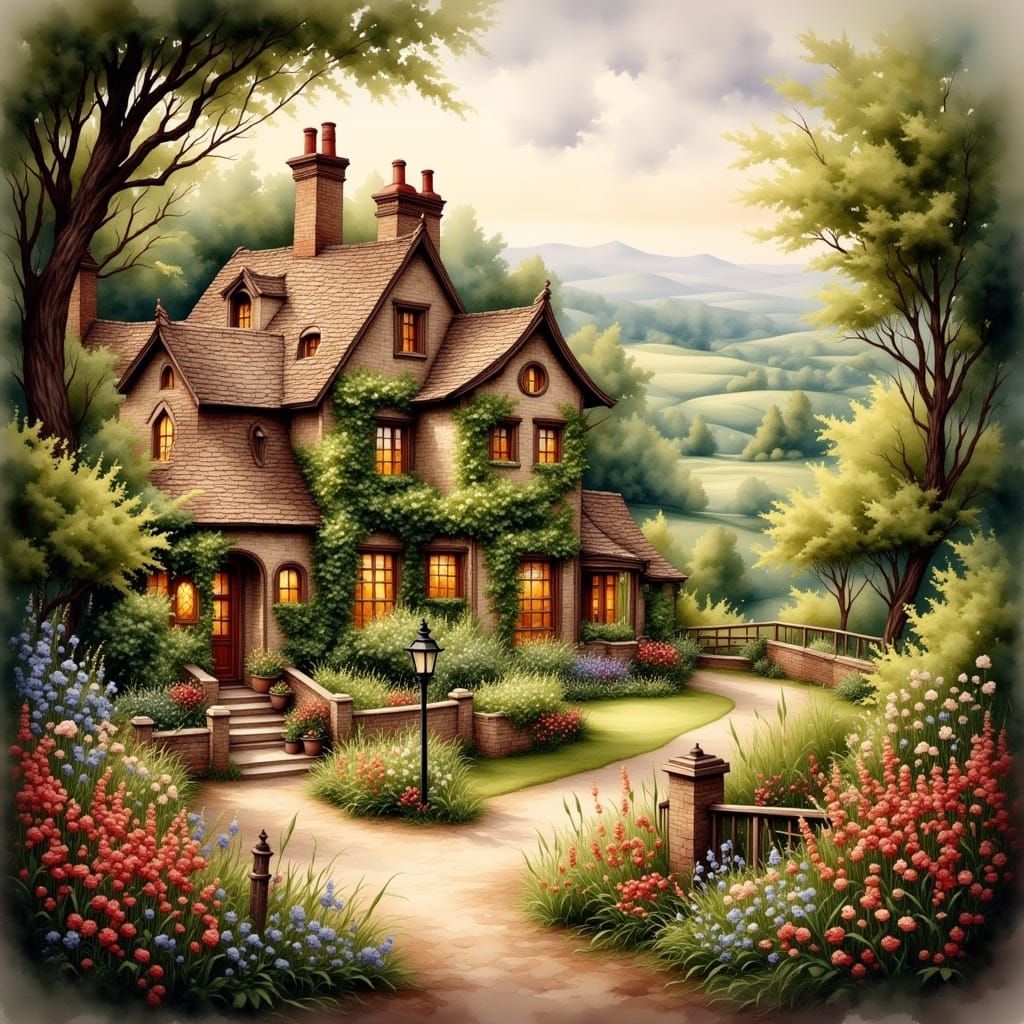 Quaint Inn in Verdant Valley: Painterly Digital Art