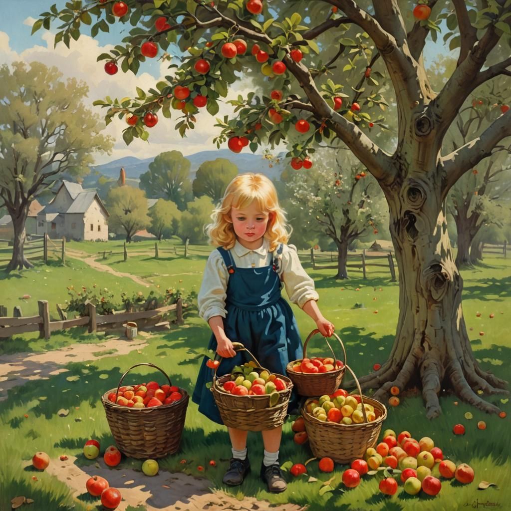 Girl Collecting Apples: Vintage Oil Painting