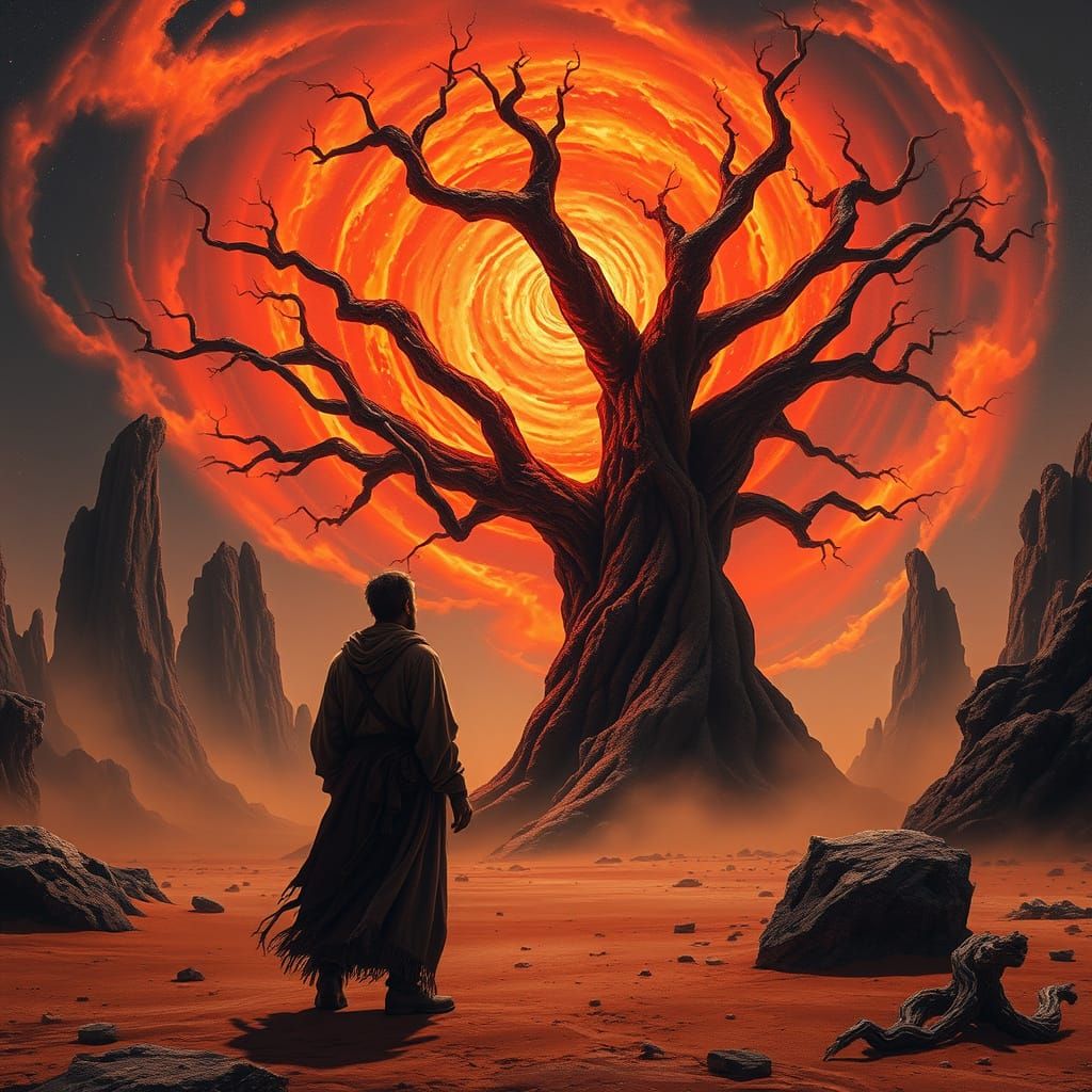 Bioluminescent Tree on Barren Planet in Biomechanical Style