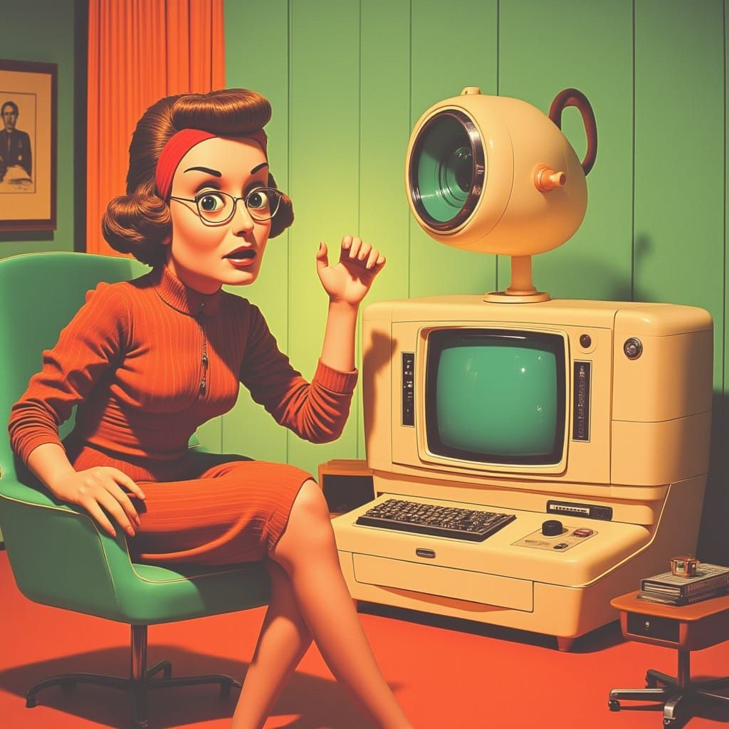 1950s Pulp Style Woman Using Vintage Computer in Retro Home