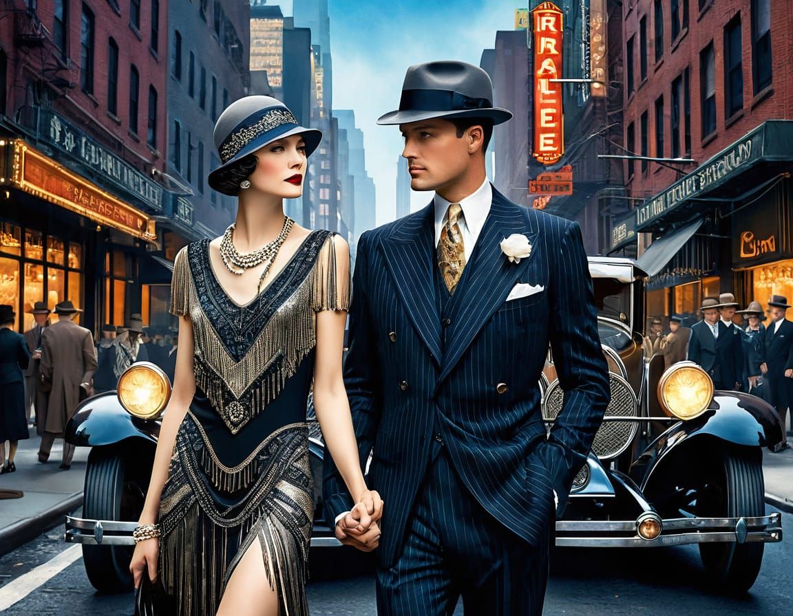 Art Deco New York City Scene in Mixed Media