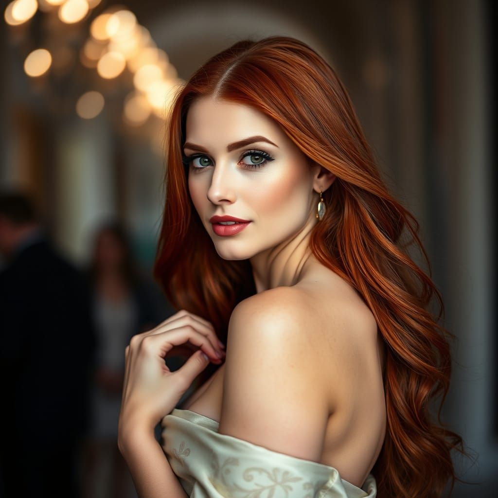 Busty Redhead in Elegant Attire, Photorealistic Style