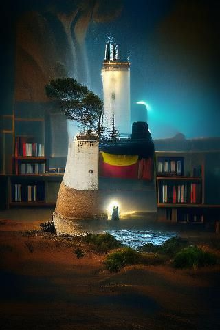 Lighthouse on Distant Shore in Romantic Style