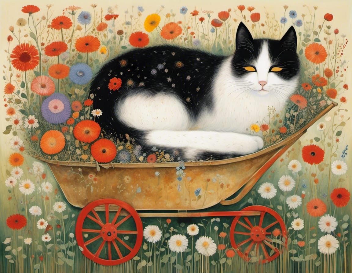 Cat Nap in Wheelbarrow of Flowers, Art Nouveau Style