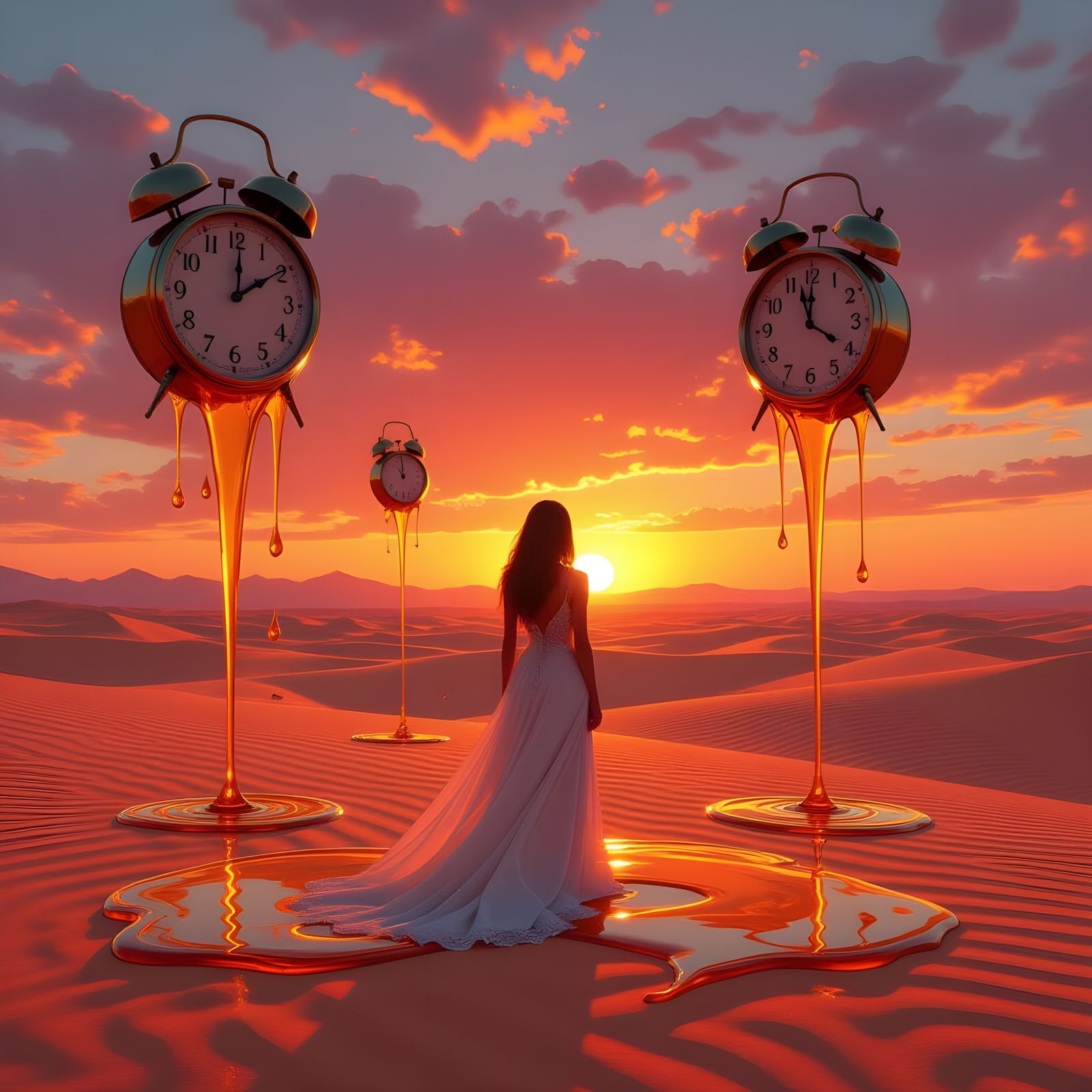 Melting Clocks in Desert Sunset, Surreal Dali-Inspired Style