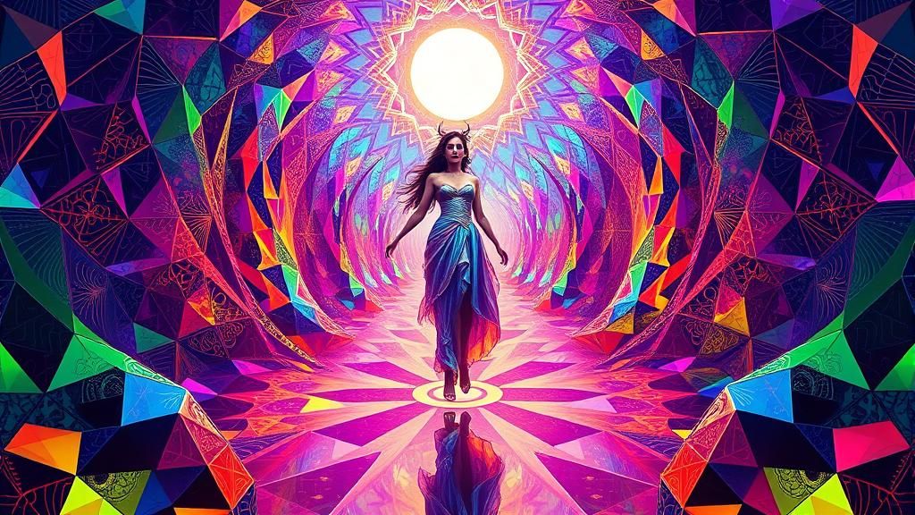 Psychedelic Dreamscape: Maiden in Mirrored Maze
