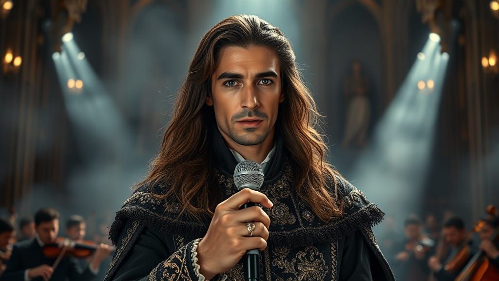 Charismatic Singer in Baroque Style on Gothic Stage
