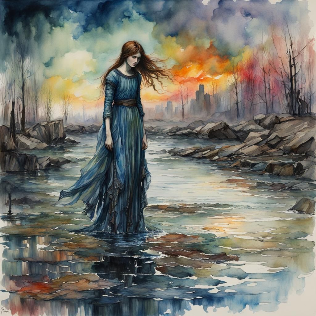 Wraith Emerges from River in Watercolor Style