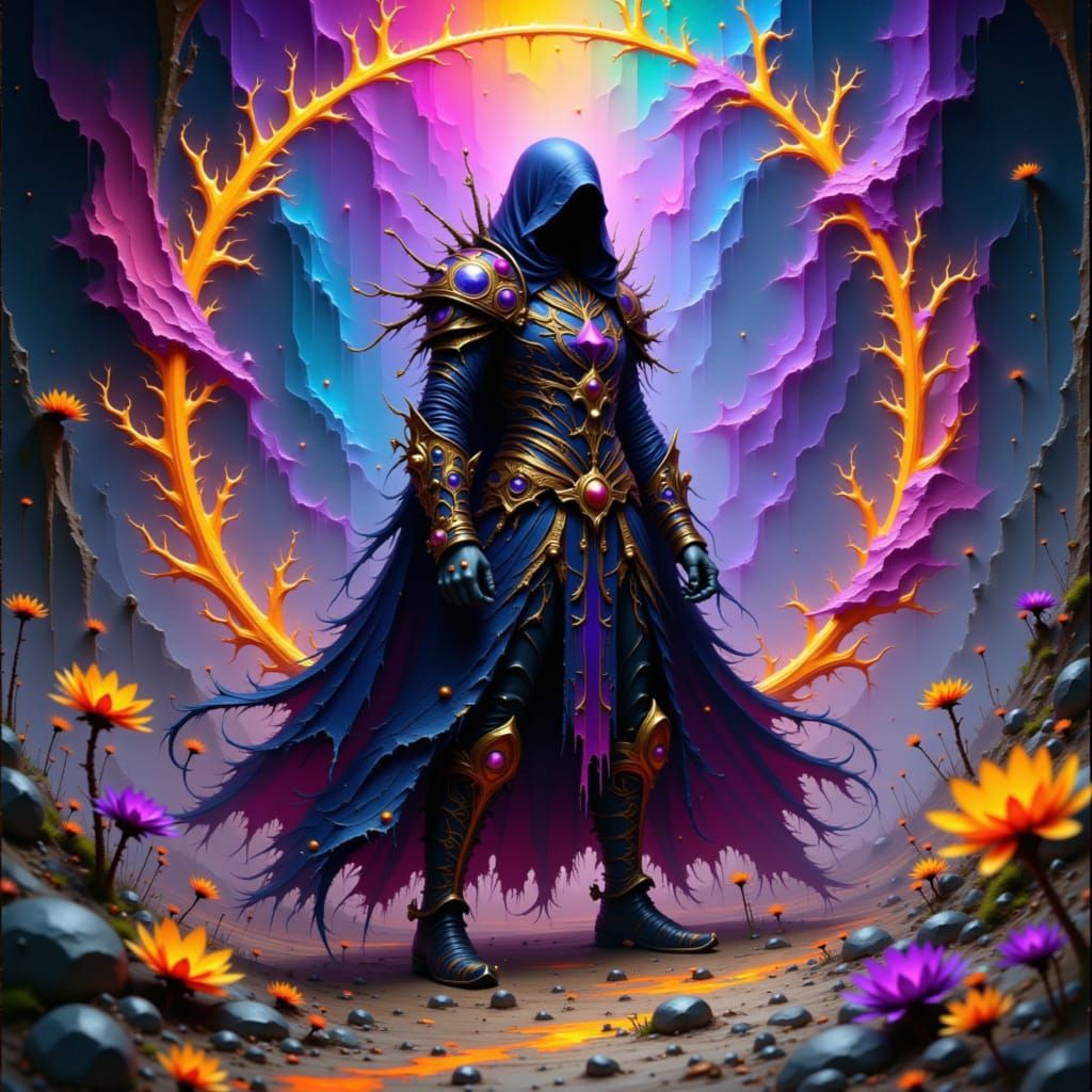 Mystical Armored Figure in Shimmering Aura