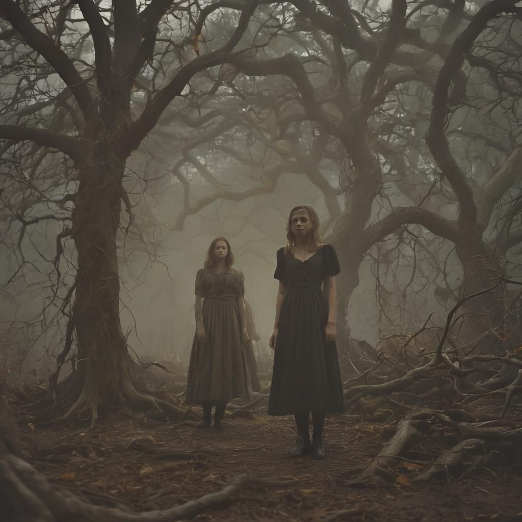 Eerie Dark Fantasy: Glowing-Eyed Woman in Mist