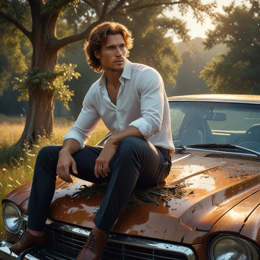 Handsome Man in Meadow After Car Crash