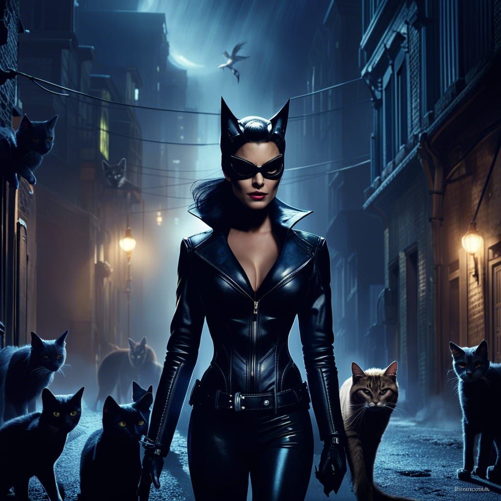 Catwoman in Dark Alley with Cats