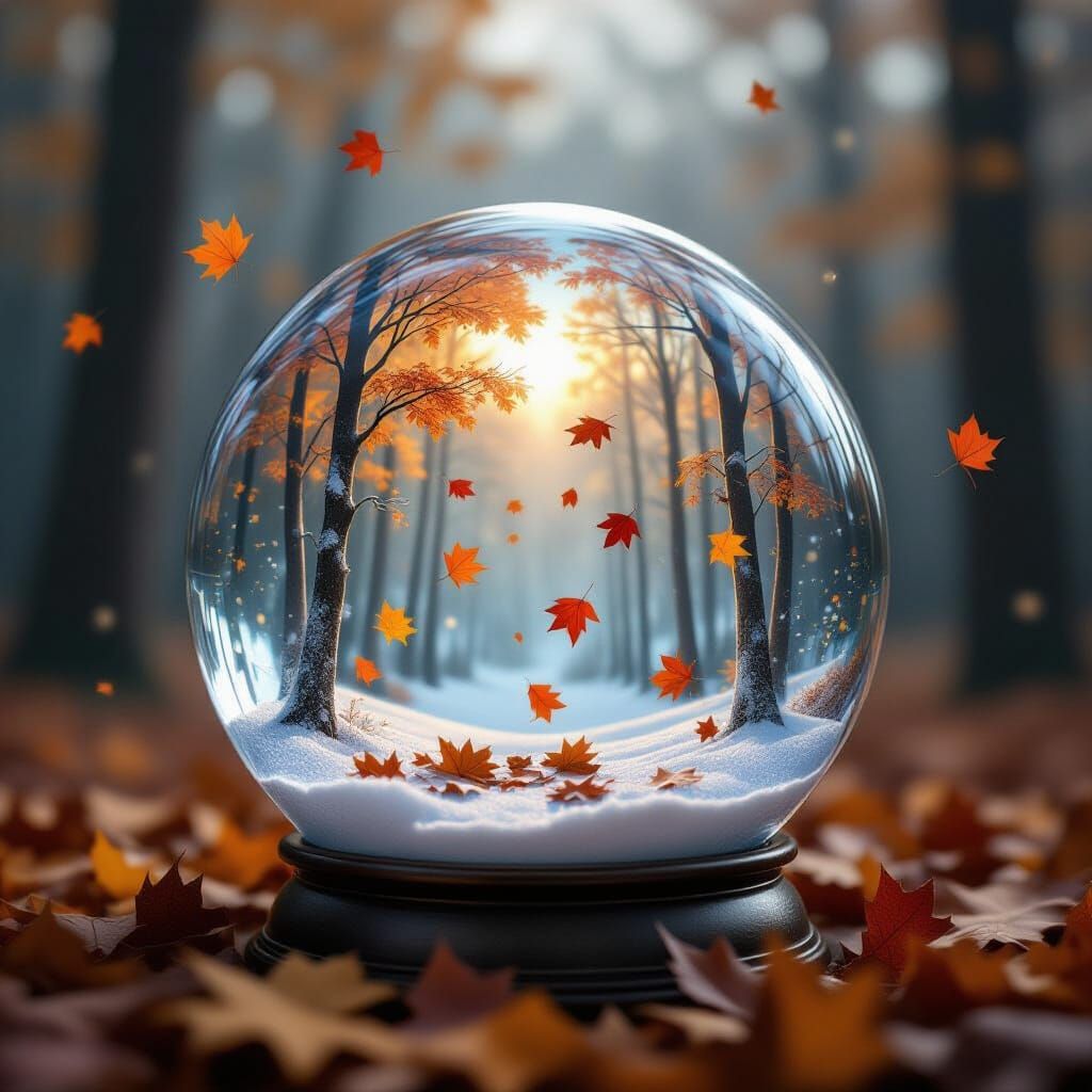 a forest with falling leaves hidden in a snow globe