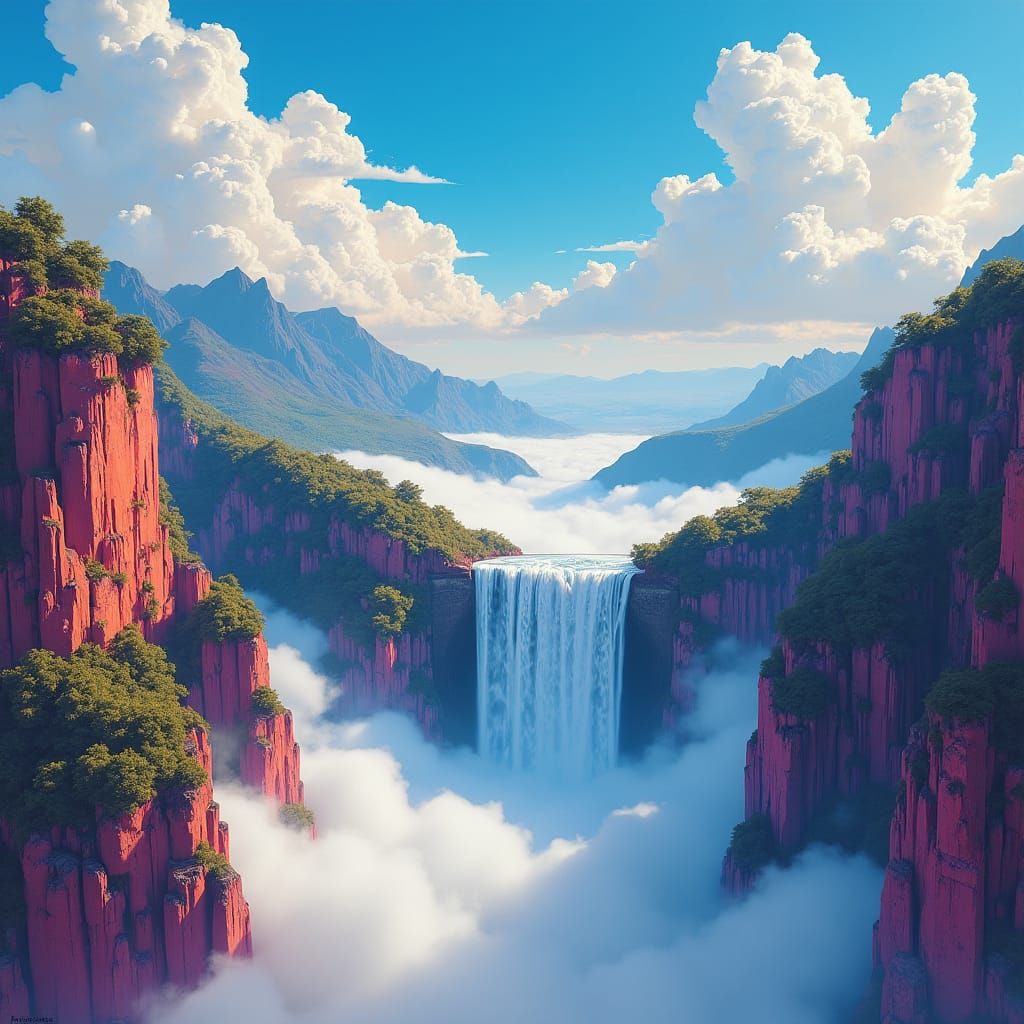 Ethereal Waterfall Above Clouds in Street Art Style