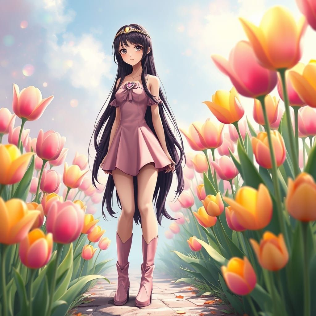 Anime-Style Waifu in Whimsical Tulip Garden