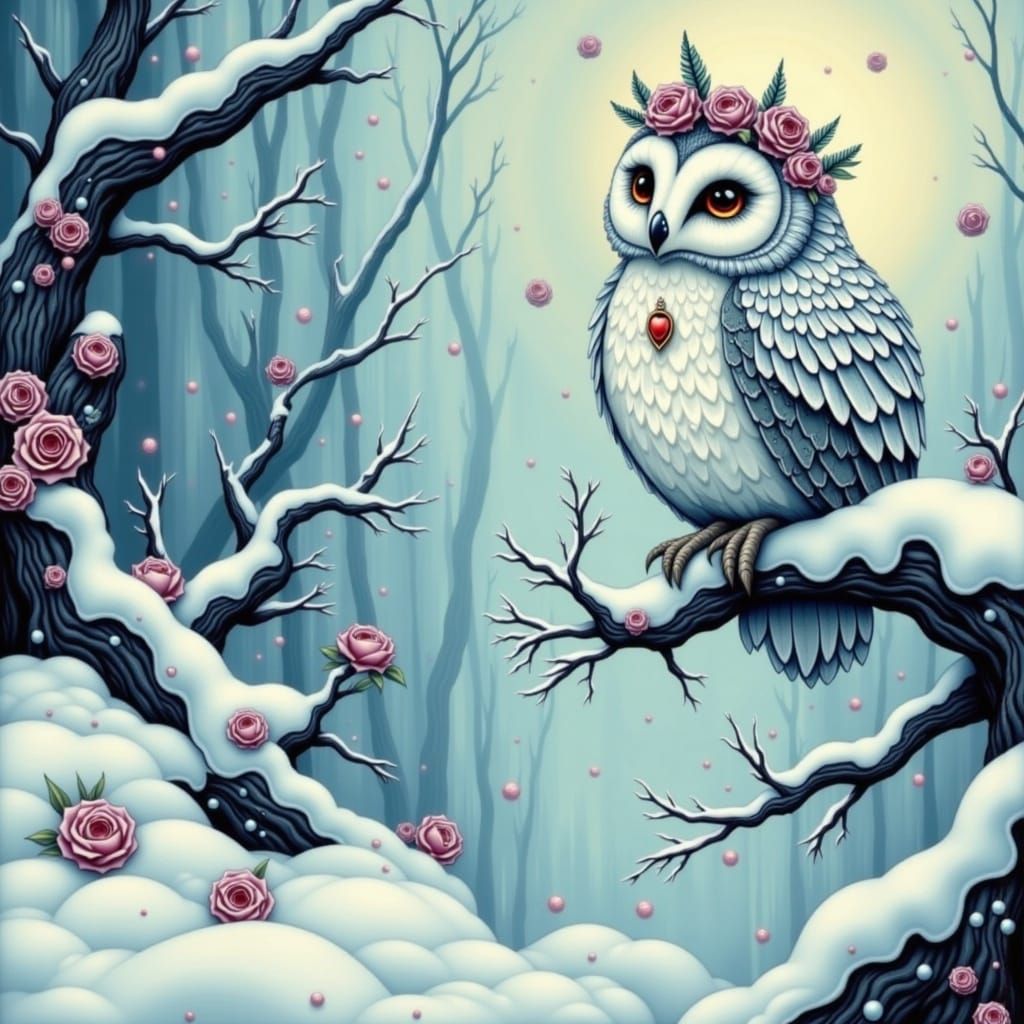 Whimsical Snowy Owl Fairy in Enchanted Winter Wonderland