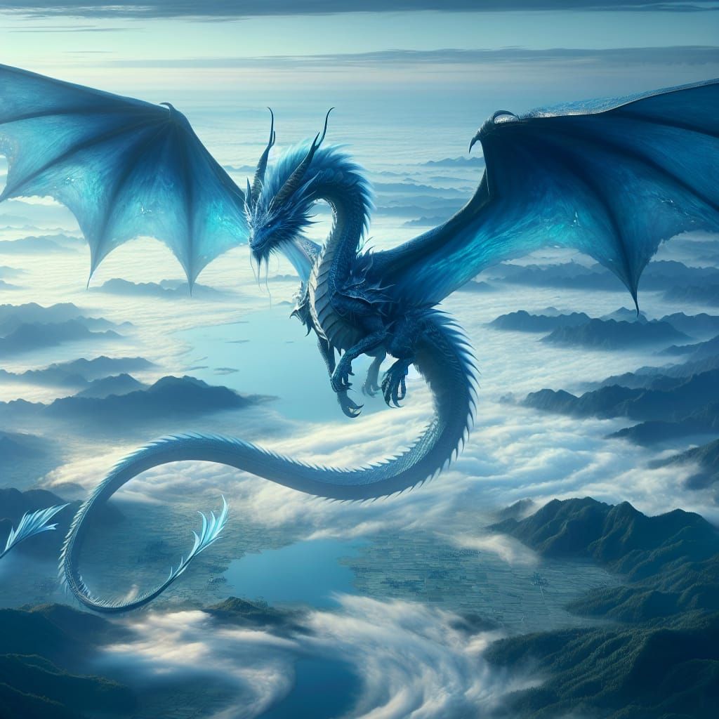 Mythic Blue Dragon Soaring Through Misty Landscape
