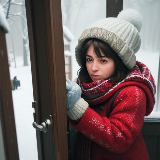 Cozy Mother Calls to Child in Snowy Winter Scene