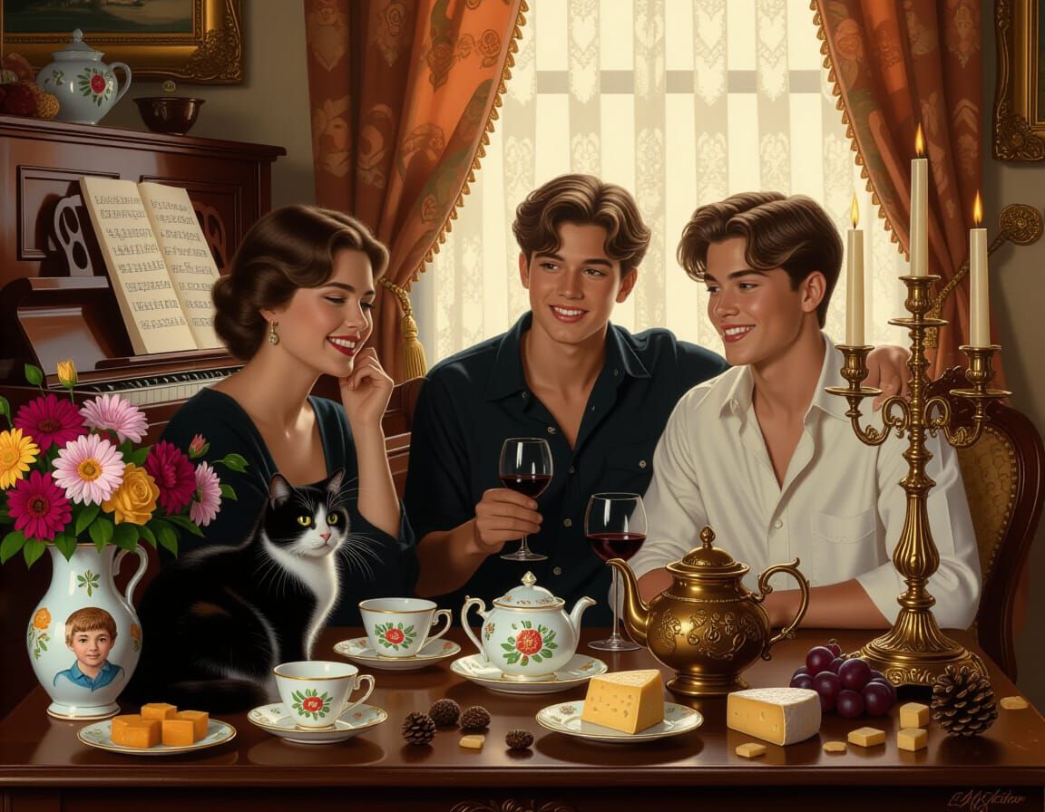 Melancholic Happy Lounge Scene with Cat and Friends