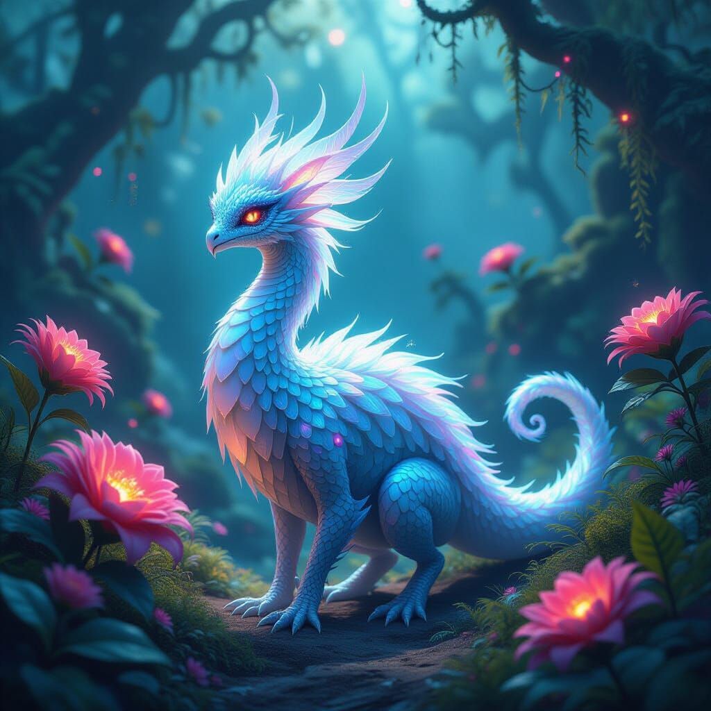 Fantastical Creature with Bioluminescent Markings in Etherea...