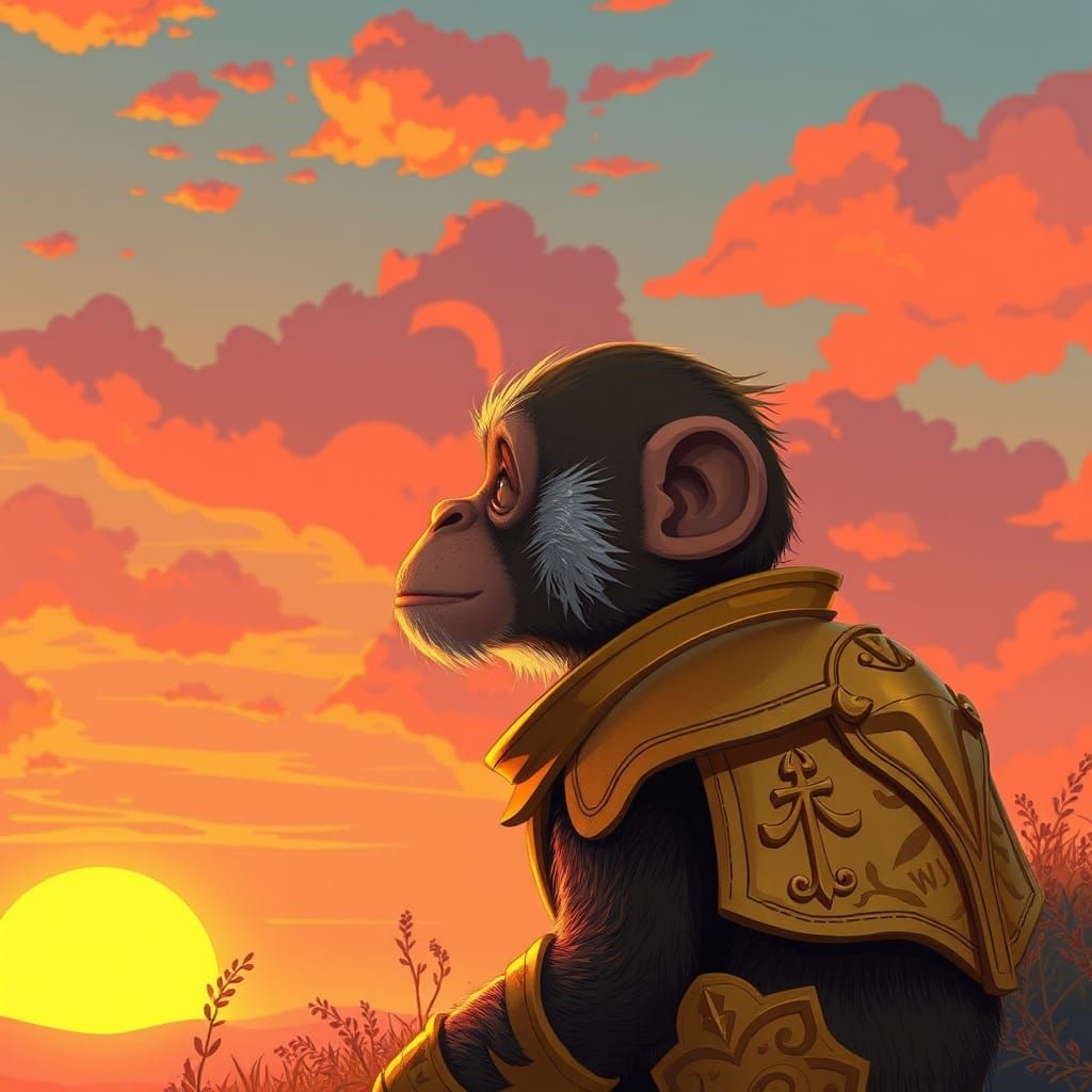 Monkey in Golden Armor Contemplates Sunset Dreamscape