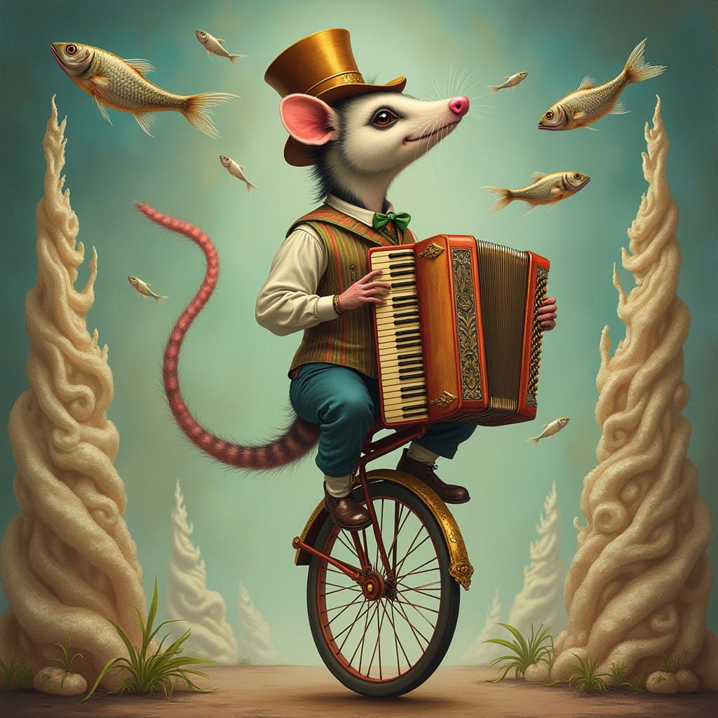 Surreal Possum Plays Accordion in Whimsical Dreamworld