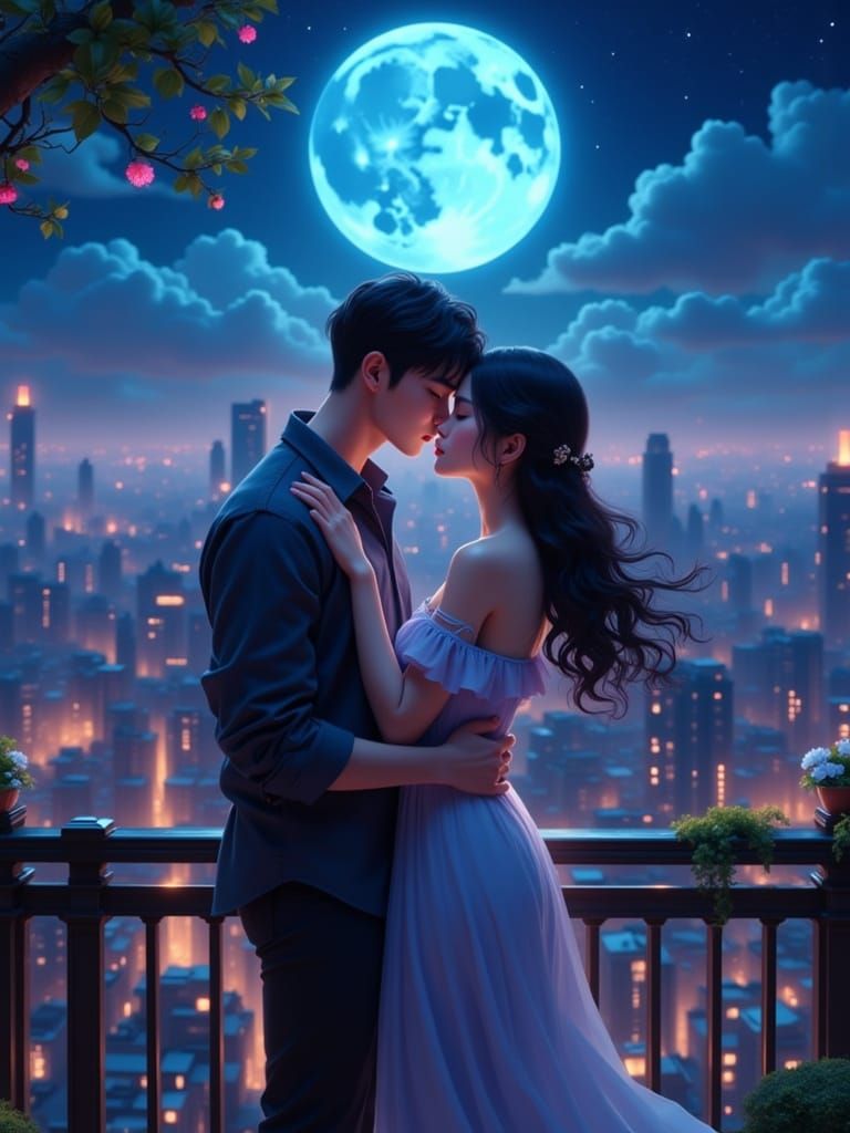 Romantic Couple Embrace Under Moonlight in Manhua Style
