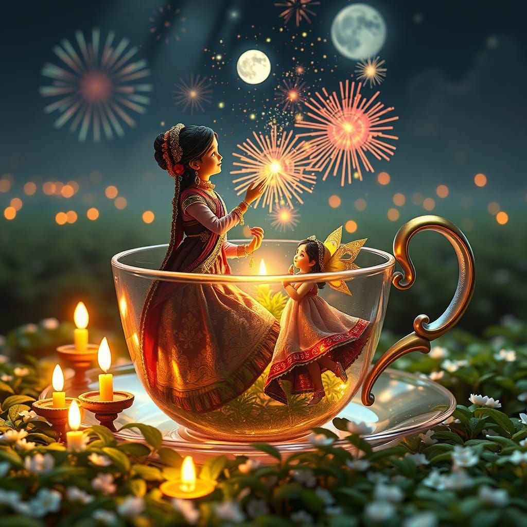 Digital 3d textured frenzy impasto oil painting. Close up Abstract surrealism by tim burton, escher and beeple. Diwali c...